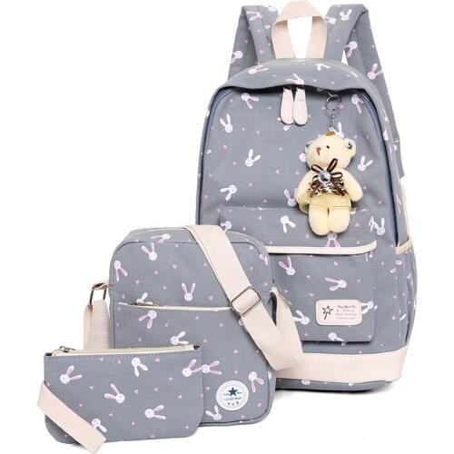 3Pcs/set Women Backpack School Bags Rabbit print Laptop Backpacks With Bear for Teenagers Girls Travel Bag Rucksacks Mochila