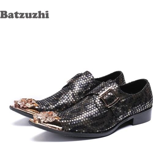 Batzuzhi Italian Style Fashion Mens Shoes Pointed Metal Toe Genuine Leather Men Dress Shoes Designers Party, Business Shoes Men