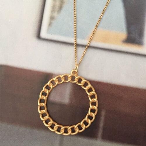 Casual Gold Color Plating Chain Shape Big Circle Pendant Long Necklace For Women Girl Elegant Sweater Decoration Boho Jewelry