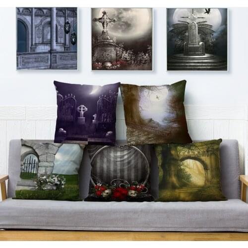 Gothic Magic Scenic Print Cushion Cover Beige Linen Pillowcase 45*45 Square Throw Pillows Covers Car Sofa Home Decor Pillow Case