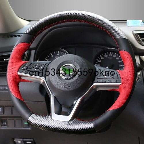 DIY Black Red Leather Car Steering Wheel Cover Custom For Nissan X-Trail Sylphy Teana Kicks Qashqai Interior Accessories