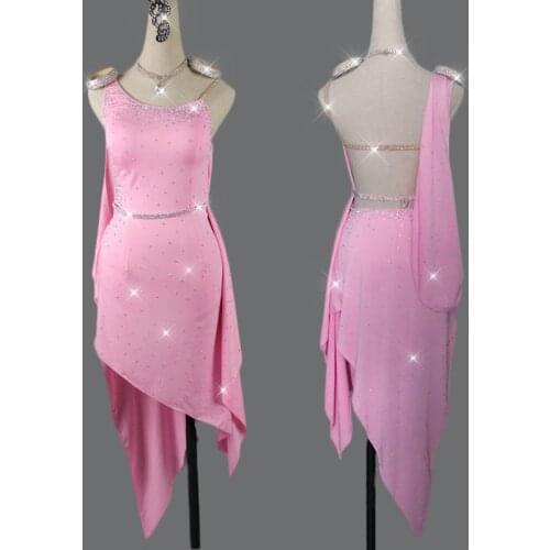 Elegant Latin Dance Dress Women Pink Dance Dress Shiny Rhinestone Flamengo Rumba Salsa Dress Customized Child Latin Dress VDB404