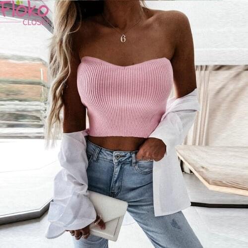 Flokocloset Women Sexy Breast Wrapping Crop Tops Summer Vest Solid Color Strapless Knitted Tank Tops