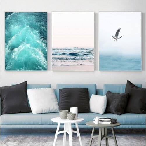 Blue Sea And Sky Nordic Landscape Canvas Painting Free Seagull Waves Beach Art Poster Living Room Decor Seabirds Wall