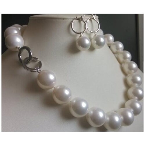 Shell Pearl Jewelry Set 18 inch 16mm White Shell Pearl Necklace 14mm Earrings Set Handmade Jewelry Free Shipping