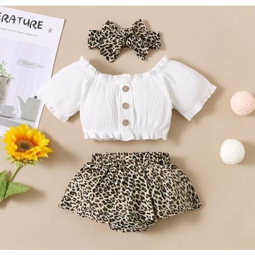 Lovely Baby Girls Summer Clothes Sets Off Shoulder Short Sleeve T Shirts Leopard Shorts Headband