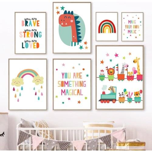Cartoon Dinosaur Lion Mouse Rainbow Cute Wall Art Canvas Painting Nordic Posters And Prints Wall Pictures Kids Kawaii Room Decor