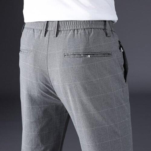 2021 Summer New Mens Ice Silk Casual Pants Fashion Korean Plaid Smart Casual Elastic Waist Slim Fit Straight Trousers