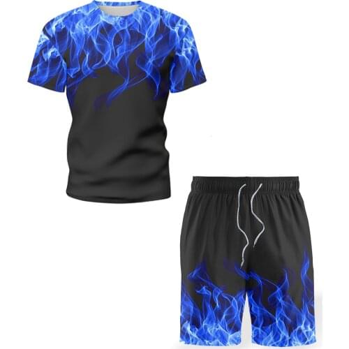 2021 Mens 3D Flame T-shirt Set Harajuku Short Sleeve Casual Sports Street Wear Trend Short Sleeve + Shorts