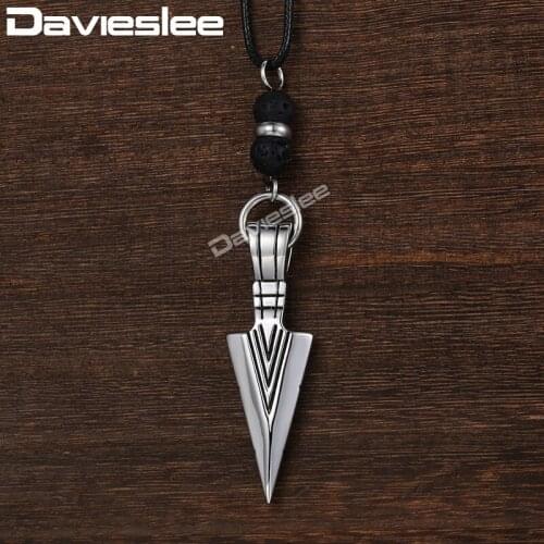 Davieslee Arrow Head Pendant Necklace for Men Lava Bead Man-made Leather Chain 316L Stainless Steel Silver Color 1.5mm DDN11