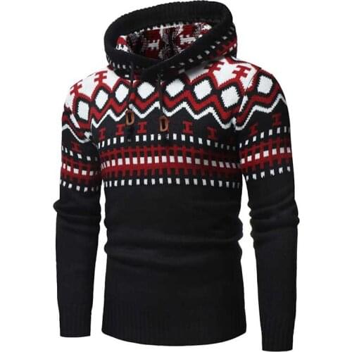 2018 new mens sweater fashion trend color mosaic versatile casual round neck hooded Slim knitted winter sweater M-XXL