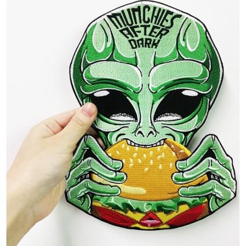 Green Aliens Eating Hamburgers Embroidery Patch for Clothes Iron on Patches Cheap Free Shipping