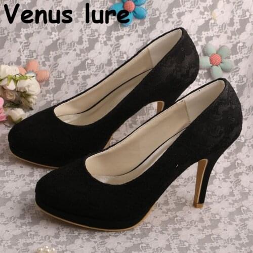 Office Social Formal Shoes Black Lace High Heel Wedding Bridesmaid Pumps Closed Toe