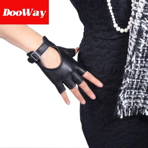 DooWay Real Leather Womens Black Driving Gloves Sheepskin Unlined Motorsports Retro Half Finger Motorcycle Cycling Gloves