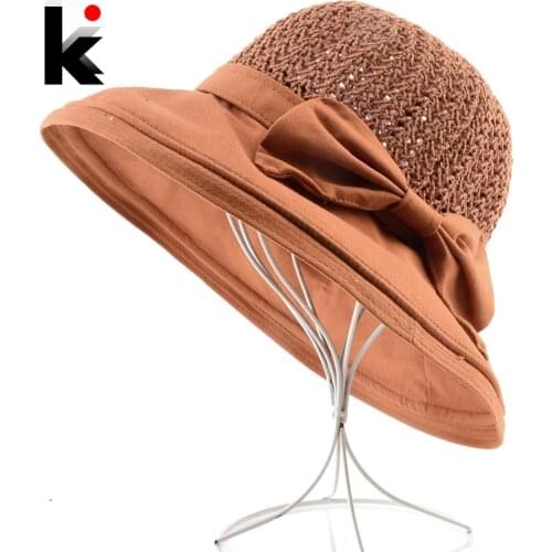 Sunhat For Women Vintage Floppy Hat With Bow-knot Summer Beach Travel Sun Protection Straw Cap Female Wide Brim Sunbonnet