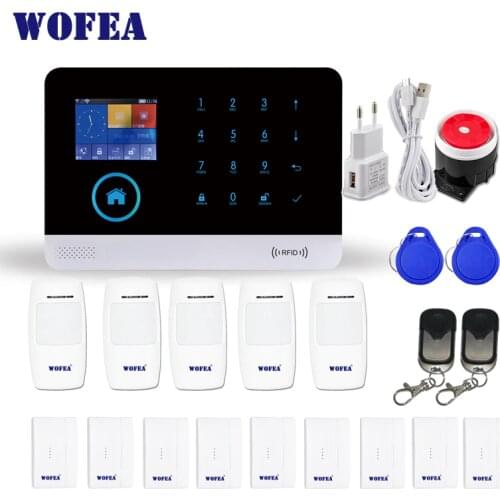WOFEA Wireless WIFI GSM Alarm System SIM GSM Home RFID Burglar Security LCD Touch Keyboar door motion Sensors kit