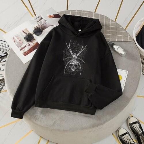 Y2K Fun Spider Pattern Print Korean Oversized Fashion Casual Hoodie Ulzzang Black Vintag Gothic Sweatshirt Hip-hop Streetwear