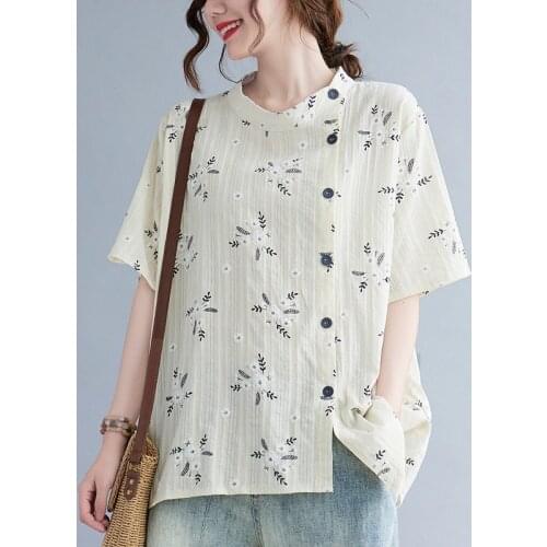 100% Cotton Women Summer Casual T-shirts New Arrival 2021 Vintage Stand Collar Floral Print Loose Female Tops Tees B225