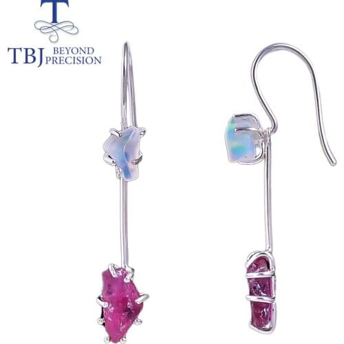 TBJ,Long hook earring 7.2ct gemstone unique Rough design natural Ethiopia opal ruby fine handmae jewelry 925 sterling silver