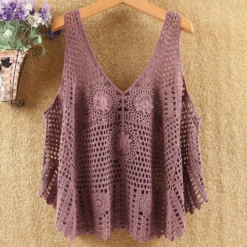2021 New Hollow Out Vest Women Retro Vintage Crochet Summer Beach Cover Up Top Asymmetric Solid Color Sexy V-neck Vest D242