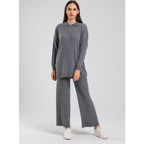 Womens Gray Oversized Long Sleeve Bottom Top Knitwear Suit-Made in Turkey