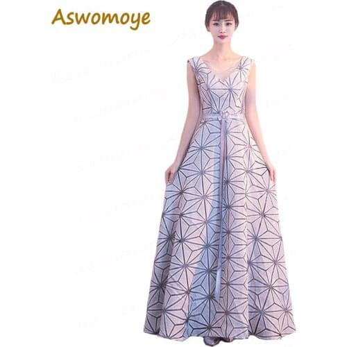 V-Neck Long Evening Dress 2018 New Haute Couture Party Dresses A Line Sashes with Crystal Sleeveless Prom Dress robe de soiree