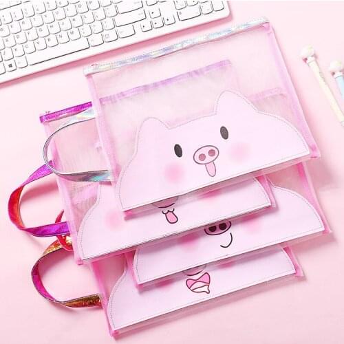 1pc A4 Cute Pig Grid Zipper File Holder Girl Mesh File Bags Portable Test Paper Bag Pencil Case Student Stationery Creative Gift