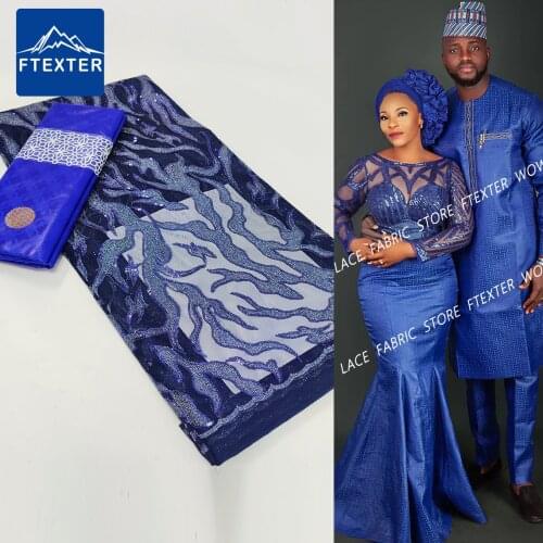 2.5+2.5 Yards Sequins Lace Fabric Sewing African Nigerian Tulle Lace Fabric With Bazin Riche Original High Quality For Wedding