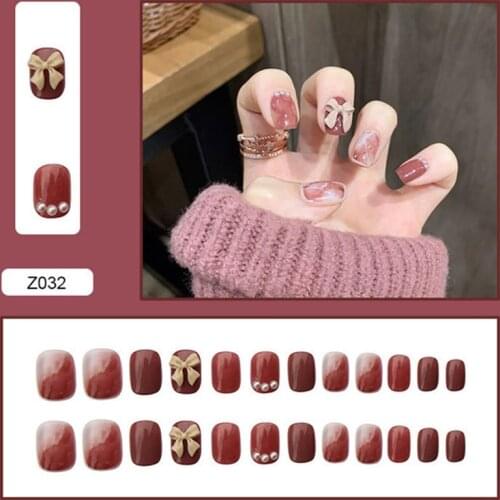 24Pcs Fake Nails 3D Butterfly Diamond Blooming Bean Paste Color Wearable Detachable DIY Nail Art Decoration For Manicures