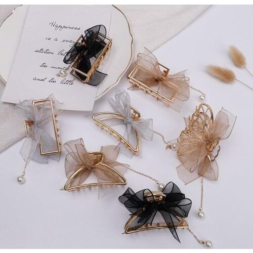 Bow Ribbon Hair Claw Pearl Pendant Tassel Hair Accessories Headdress Metal Grab Clip Hair Clip on The Back of The Head