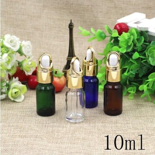 Free Shipping Top Grade 10ml Empty Glass Dropper Bottles Gold lid New Style Parfume Essential Oil liquid Packaging Containers