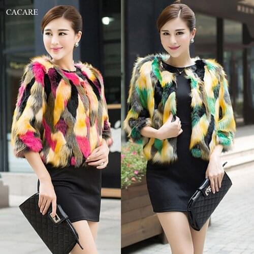 CACARE Faux Fur Women Coat Winter Faker Fur Coats Jacket Colorful Fur 3/4 Sleeve 2 Choices F2974 Oversize S-4XL Covered Button
