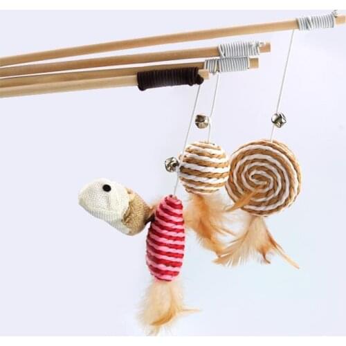 40cm Wood Pet Toys Cat Teaser Rod Interactive Funny Cat Rod Linen Knitted Stick With Mini Bell Cat Accessories Pet Supplies