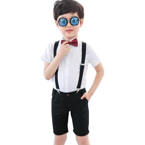 Boys Summer Formal White T Shirt +Shorts+Suspender+Tie 4PCS Clothing Set School Kids Dress Children Chorus Performance Costume