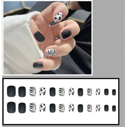Frosted Matte False Nail Black White Milk Cow Print Full Cover Fake Nails Press on Nail Decoration With Glue DIY Nail Art