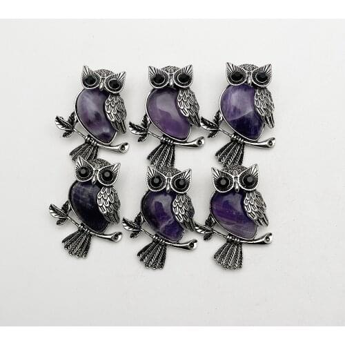 Fashion natural stone amethysts Owl Pendants & necklaces for making Jewelry charm accessories 6pcs wholesale free shipping