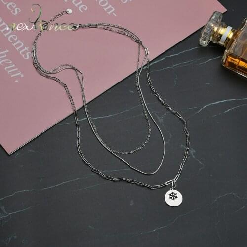 Nextvance Stainless Steel Snowflake Necklace Round Card Pendant Three Chains Necklace Women Girl Couple Gift Party