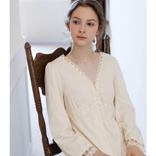 Sleepwear Women Cotton Nightgown Vintage Long Sleeves Nightie Romantic Nightdress