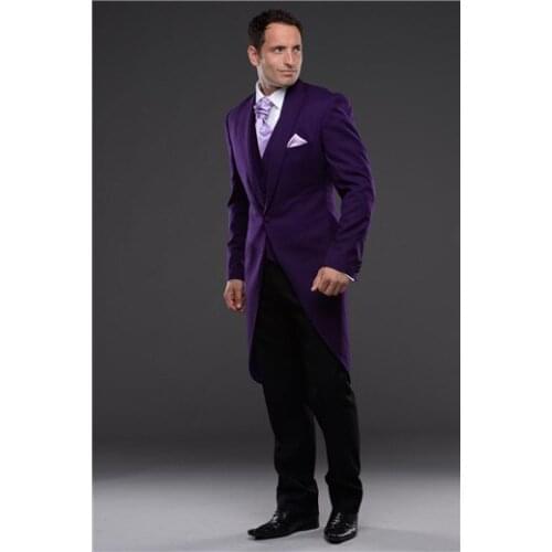 New Arrival Mens Morning Suits Purple Groom Tailcoat Wedding Blazer Waistcoat Trousers Suit (Jacket+Pants+Vest+Tie) NO:38