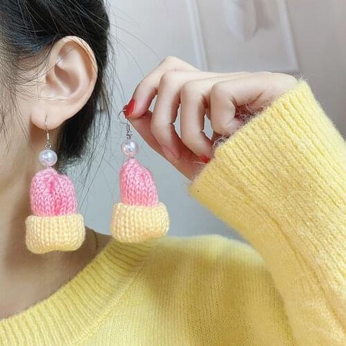 The new woolen hat earrings female cute girl heart funny earrings plush candy color temperament earrings for women