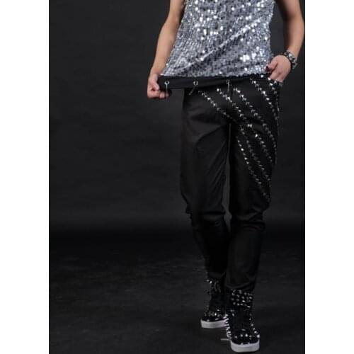 Original stage personality men pants casual rivet pant men feet trousers singer dance rock fashion black pantalon homme european