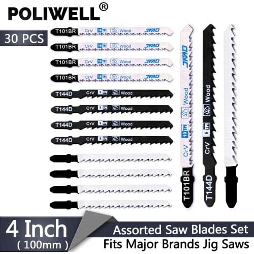 POLIWELL 30PCS T101D T101BR T144D Woodworking Jig Saw Blades Set T-Shank Cr-V Saw Blade for Fast and Clean Wood Cutting Home DIY