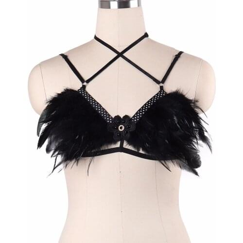 Rave BurningMan Body Harness Women Gothic Feathers Bralette Sexy Body Cage Bondage Lingerie Exotic Feather Harness Belt DO0574