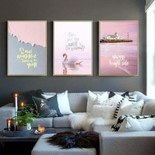 SELFLESSLY Wall Art Print Poster Nordic Decorative Painting Canvas Art Swan ,Pink Beach Wall Pictures for Living Room Unframed