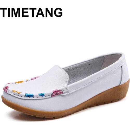 TIMETANG Women Ballet Shoes Flats Cut Out Leather Breathbale Moccains Women Boat Shoes Ballerina Ladies Shoes large size 35-43
