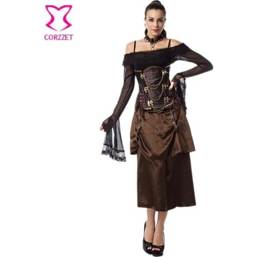 Vintage Brown Underbust Corset Sexy Skirt Burlesque Outfits Steampunk Couture Corsets and Bustiers Steel Boned Gothic Clothing