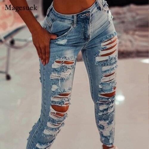 Full Length Pencil Pants Autumn Denim Jeans for Women Skinny Jeans Women Ripped Washed Hole Jeans Natural Waist Trousers 16215