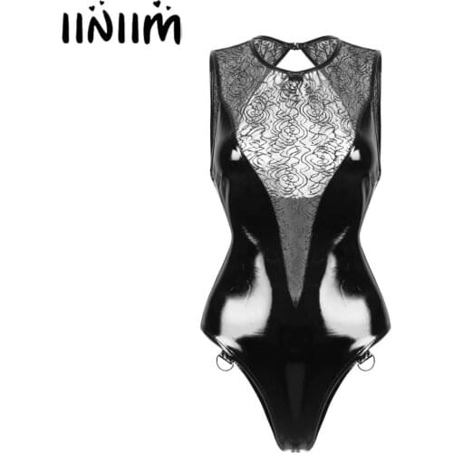 Womens Ladies Wetlook Costumes Clubwear Leather Latex Lingerie Open Back Mesh Spliced Skinny Bodysuit Pole Dance Party Bodycon