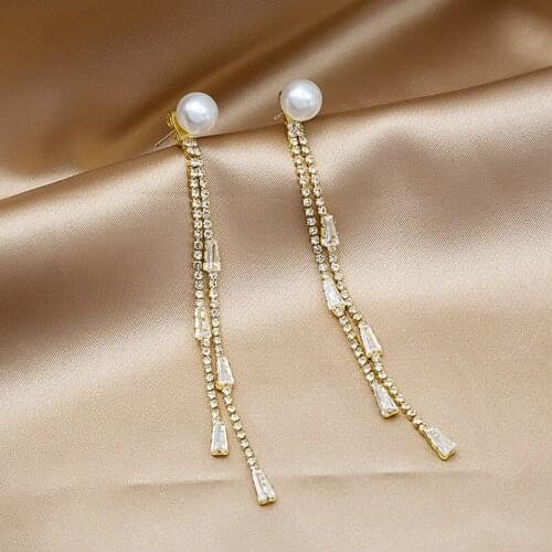 Womens Fashion Elegant Pearl Long Tassel Drop Earrings Shiny Crystal Zircon Spike Chain Charming Dangle Earring Stud Accessory