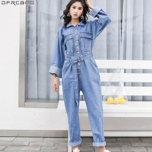 2019 Autumn Spring Long Sleeve Denim Jumpsuit Women Casual Ankle-Length Pants With Belt Jeans Overalls Fashion Ladies Rompers